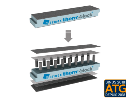 De Marmox kimblok (Thermoblock) is opgebouwd uit XPS isolatie in combinatie met blokjes polymeerbeton. Op die manier verkrijgt men een waterdichte kimblok met hoge druksterkte en lambdawaarde.